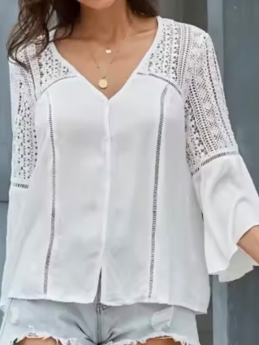 Boho White Lace Button Down Semi Sheer 3/4 sleeve Blouse - Picture 4 of 4